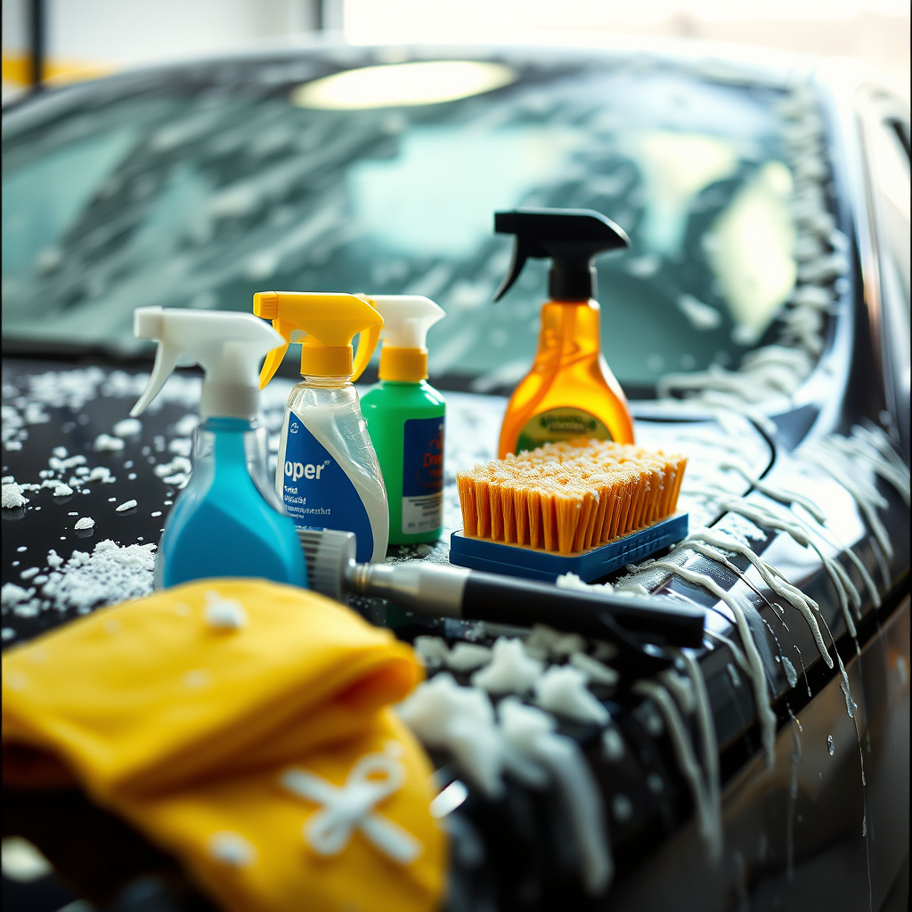 car in the middle of a wash with soap, displaying all the cleaning products and tools like brushes