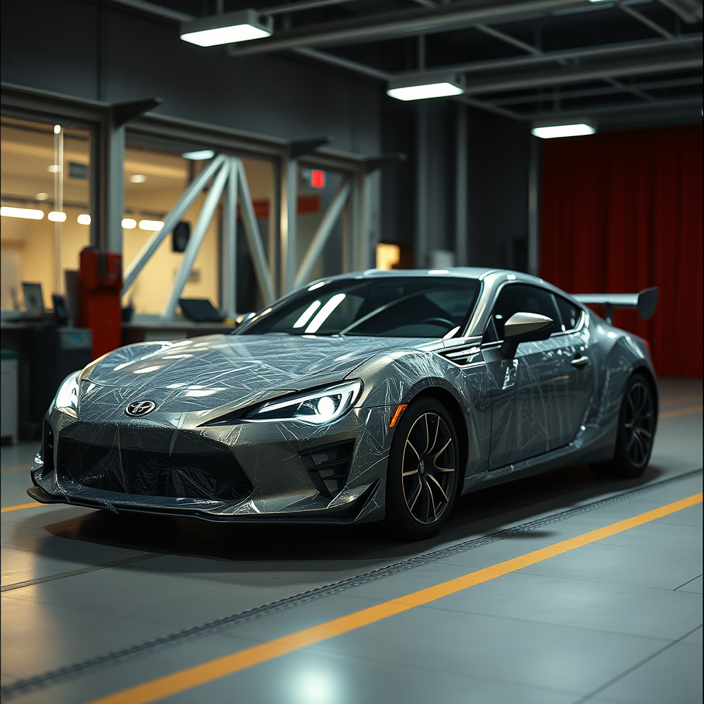 car in the middle of a wrapping process